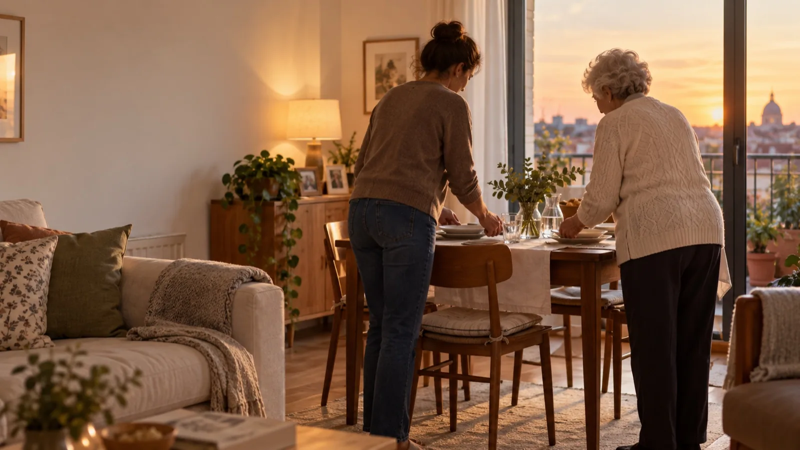 Cuidadora y persona mayor preparan juntas la mesa al atardecer en casa