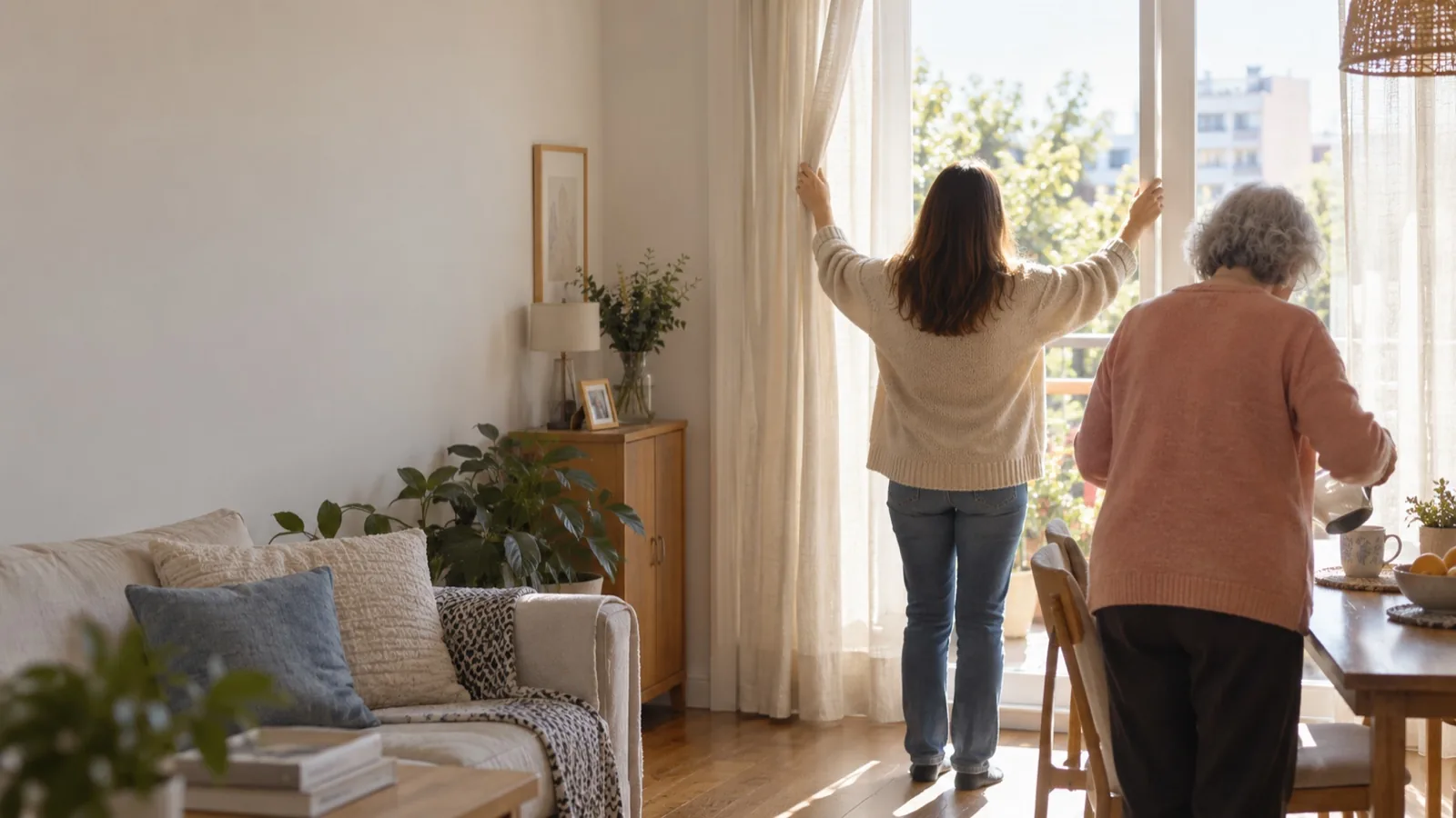 Dos personas de espaldas abren las cortinas al comenzar el día en casa