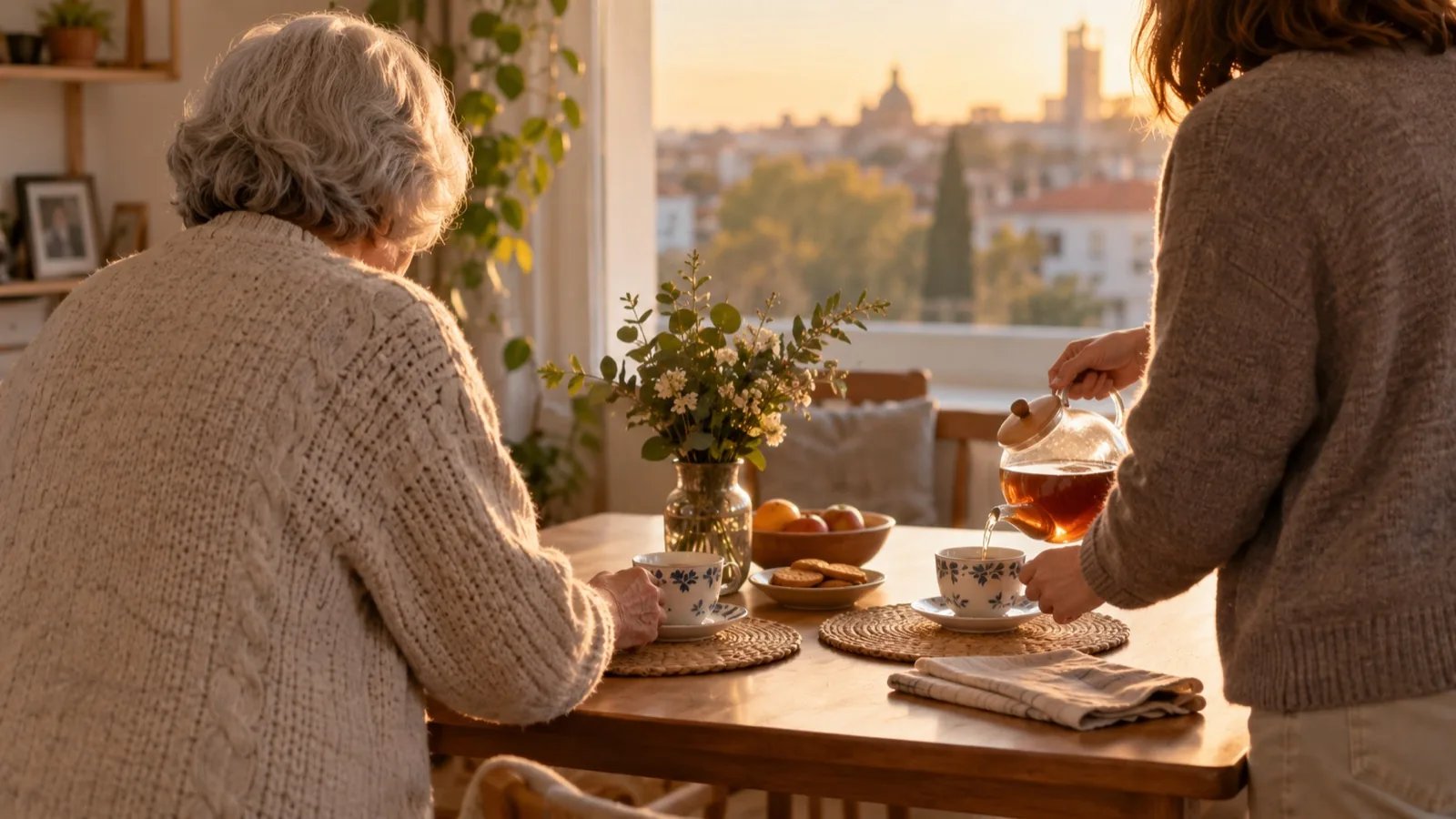Persona mayor y cuidadora preparan té junto a una ventana con luz de tarde