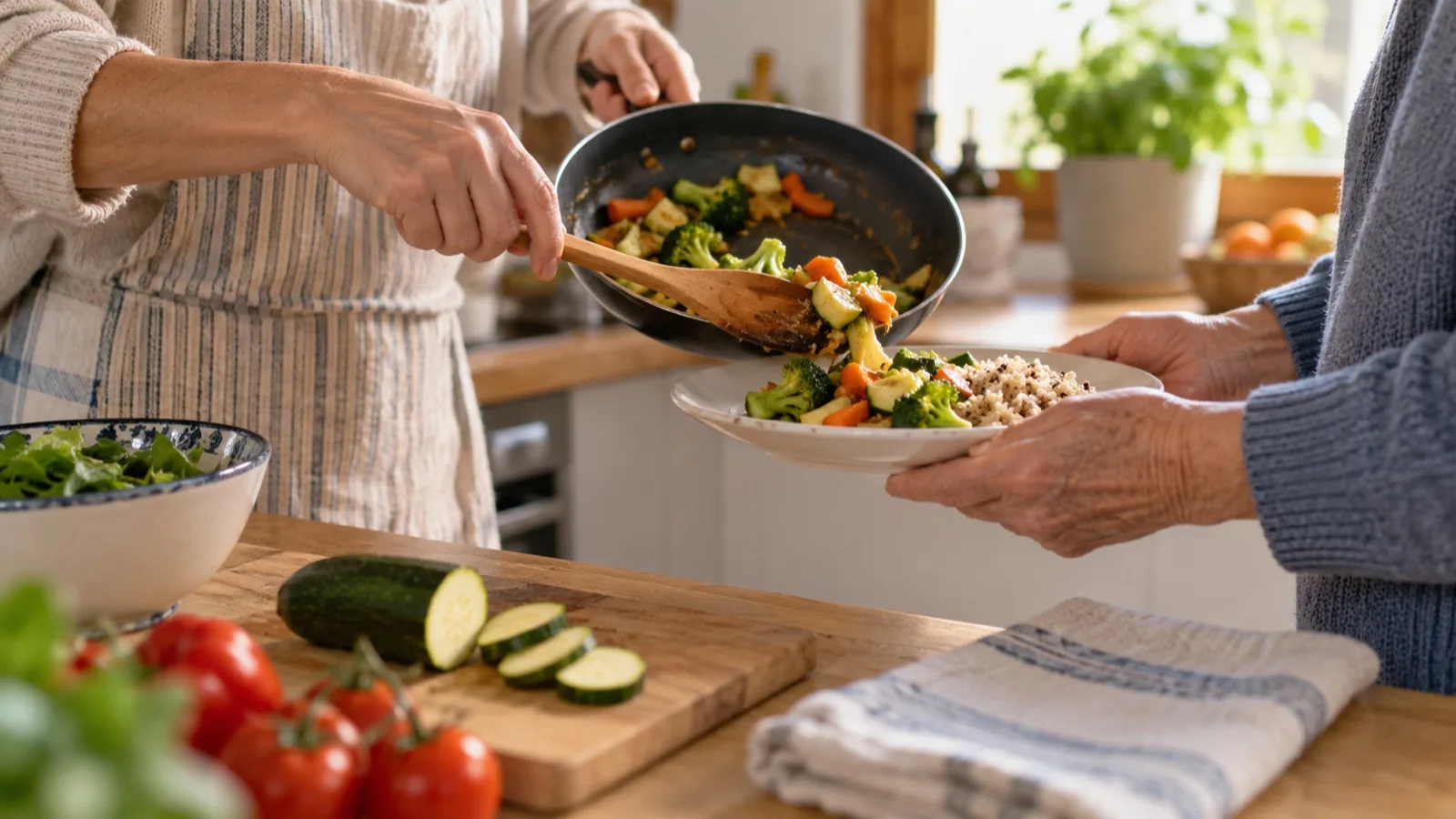Manos preparan y sirven una comida saludable y sencilla en casa