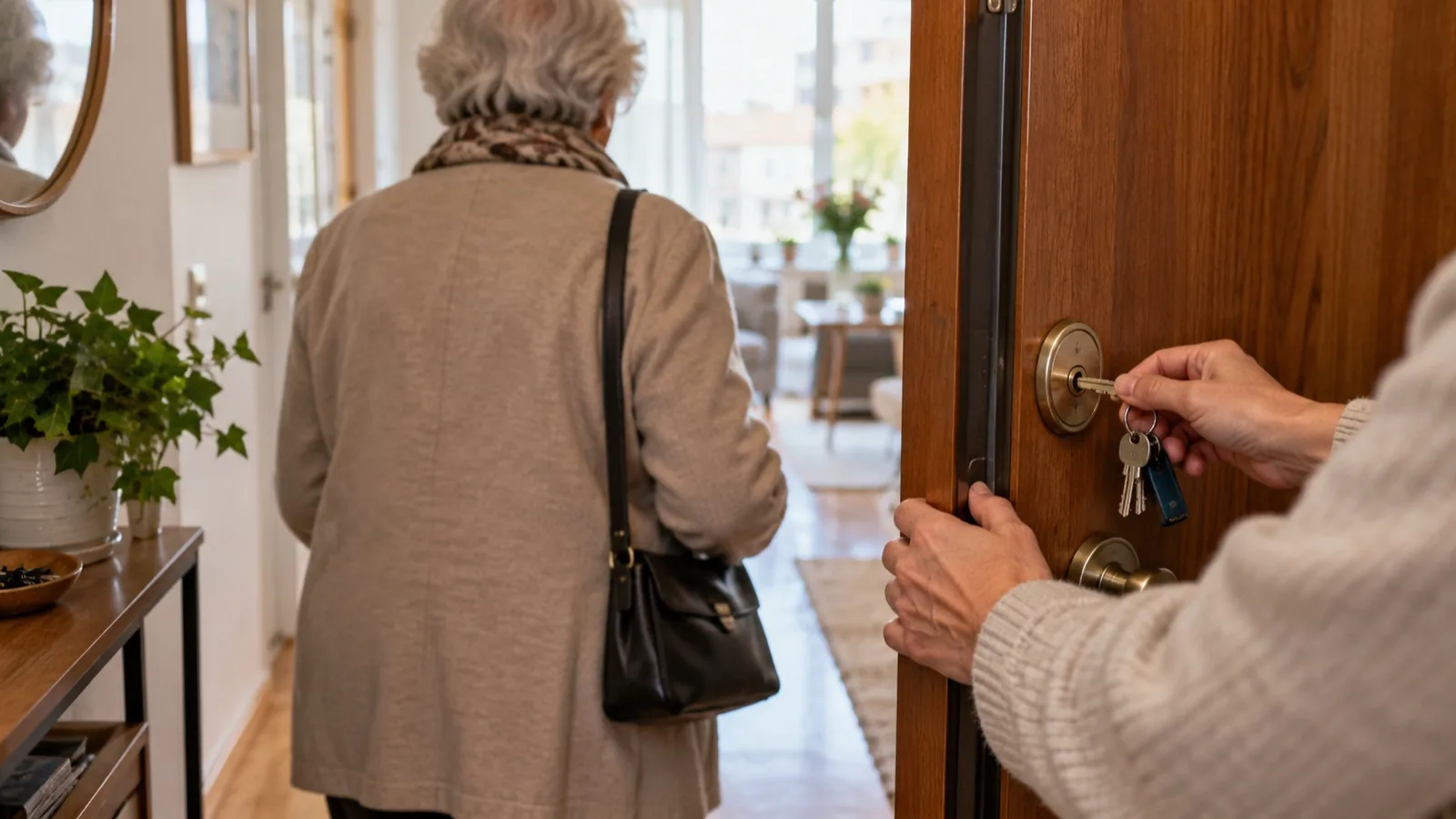 Manos abren con llaves la puerta de una vivienda junto a una persona mayor de espaldas